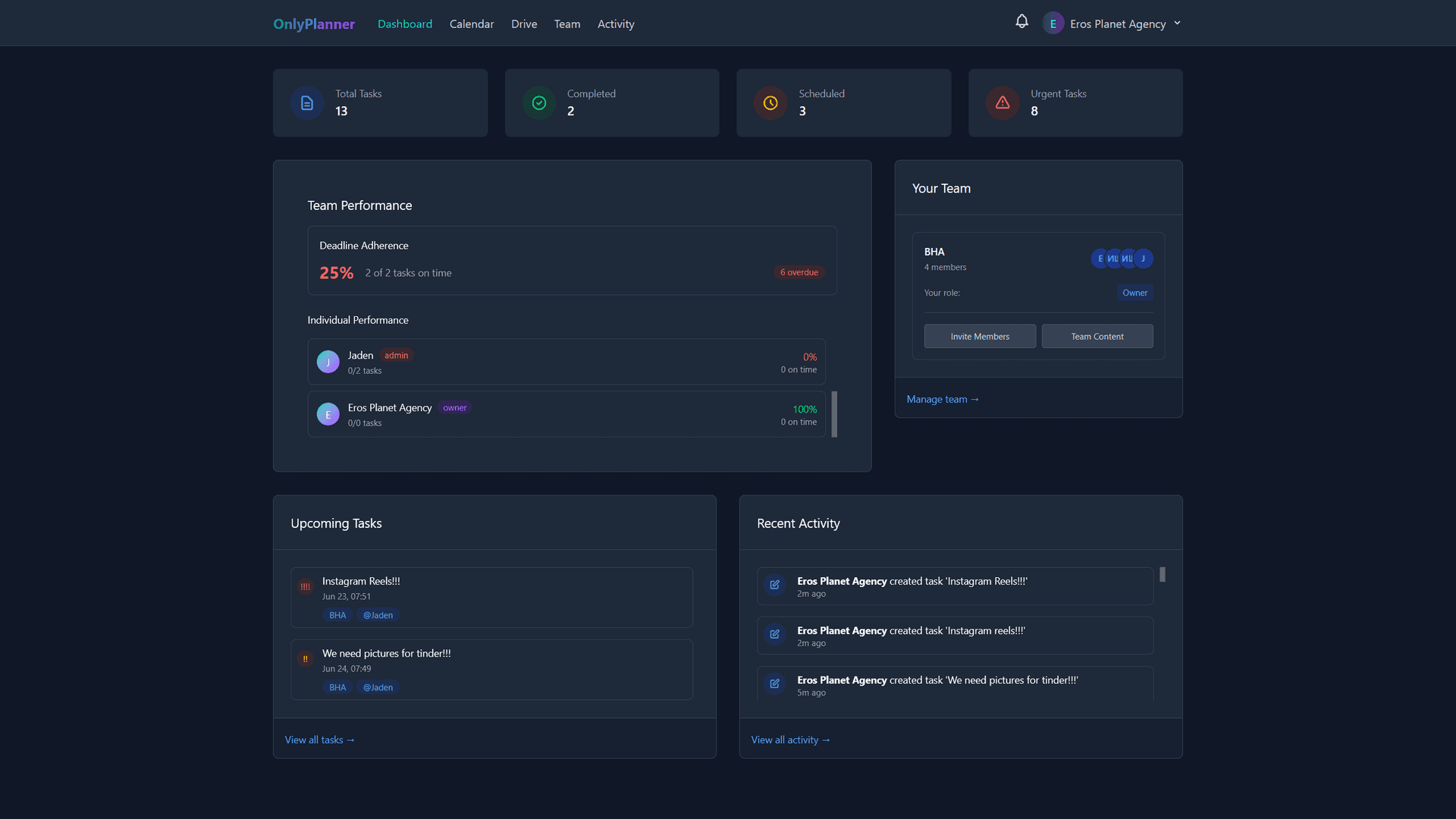 OnlyPlanner Dashboard - Calendar Interface Preview